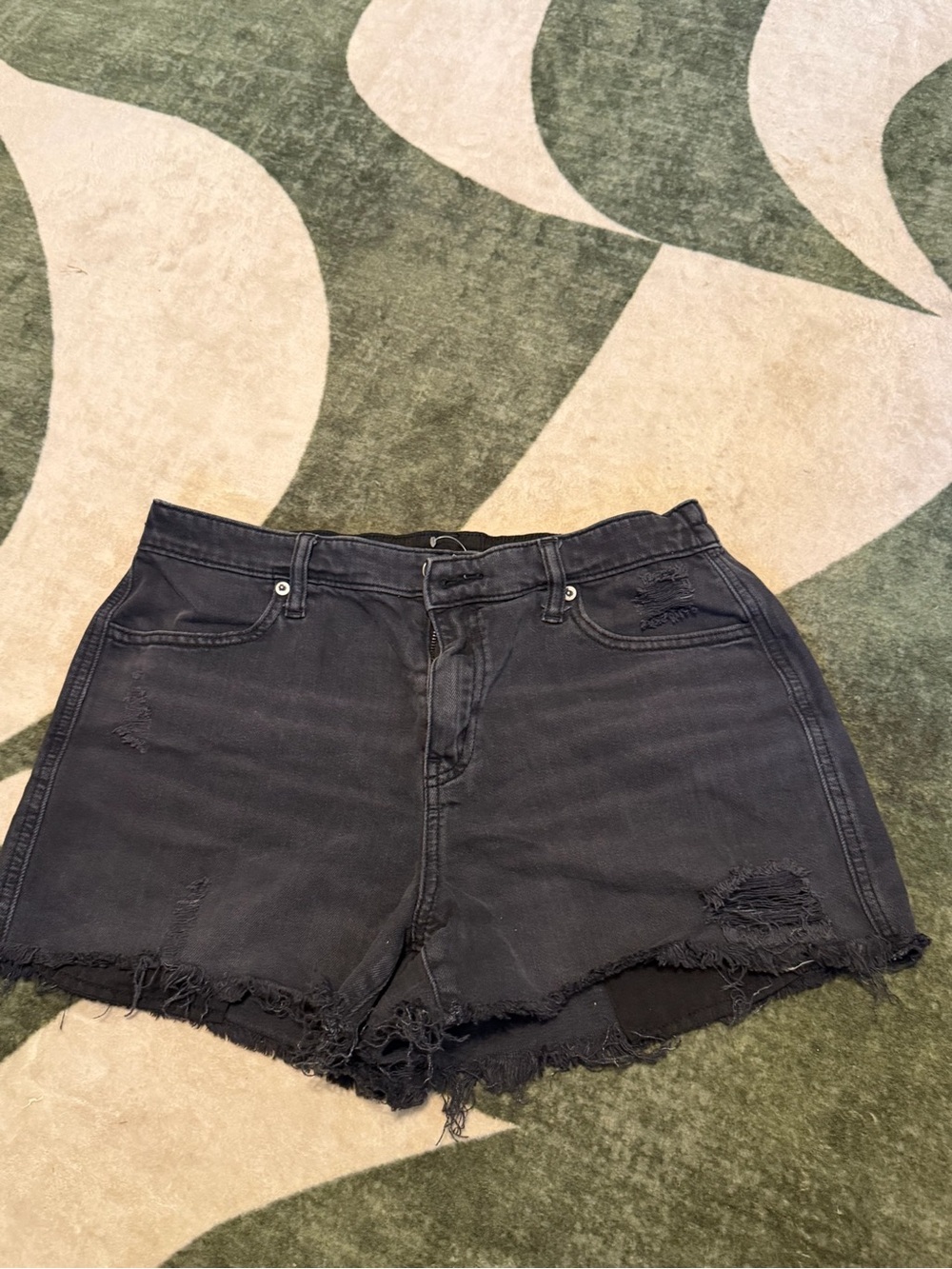 aerie Black Distressed High-Rise Pull-On Denim Shorts